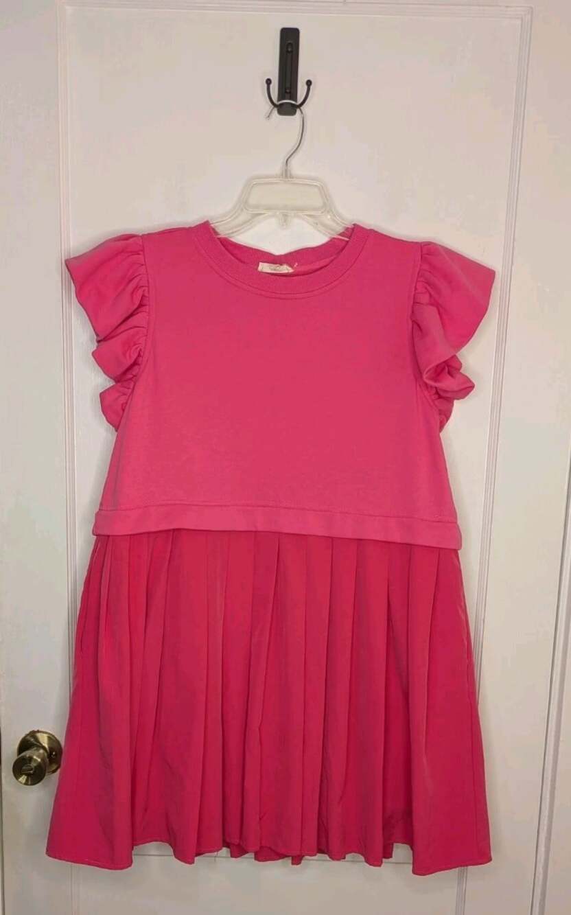 ENTRO Twofer Mini Dress M Hot Pink Ruffle Sleeve Pleated Heart Back Pockets